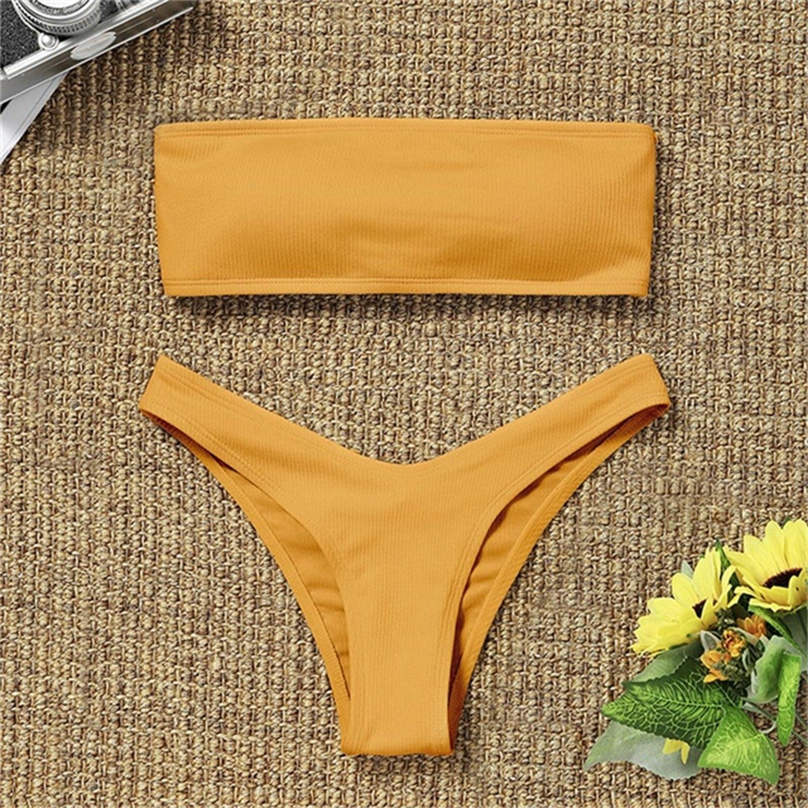 Maillot de bain deux pièces bikini pour femme Maillot de bain de plage Deux pièces sans bretelles rembourré coupe haute bandeau