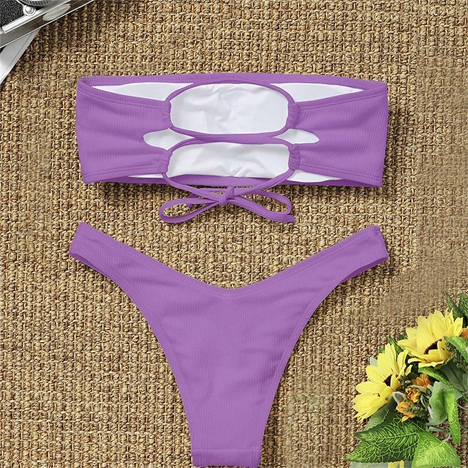 Maillot de bain deux pièces bikini pour femme Maillot de bain de plage Deux pièces sans bretelles rembourré coupe haute bandeau
