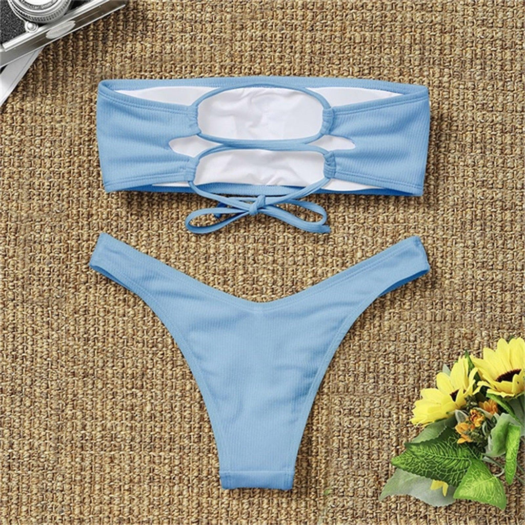 Maillot de bain deux pièces bikini pour femme Maillot de bain de plage Deux pièces sans bretelles rembourré coupe haute bandeau