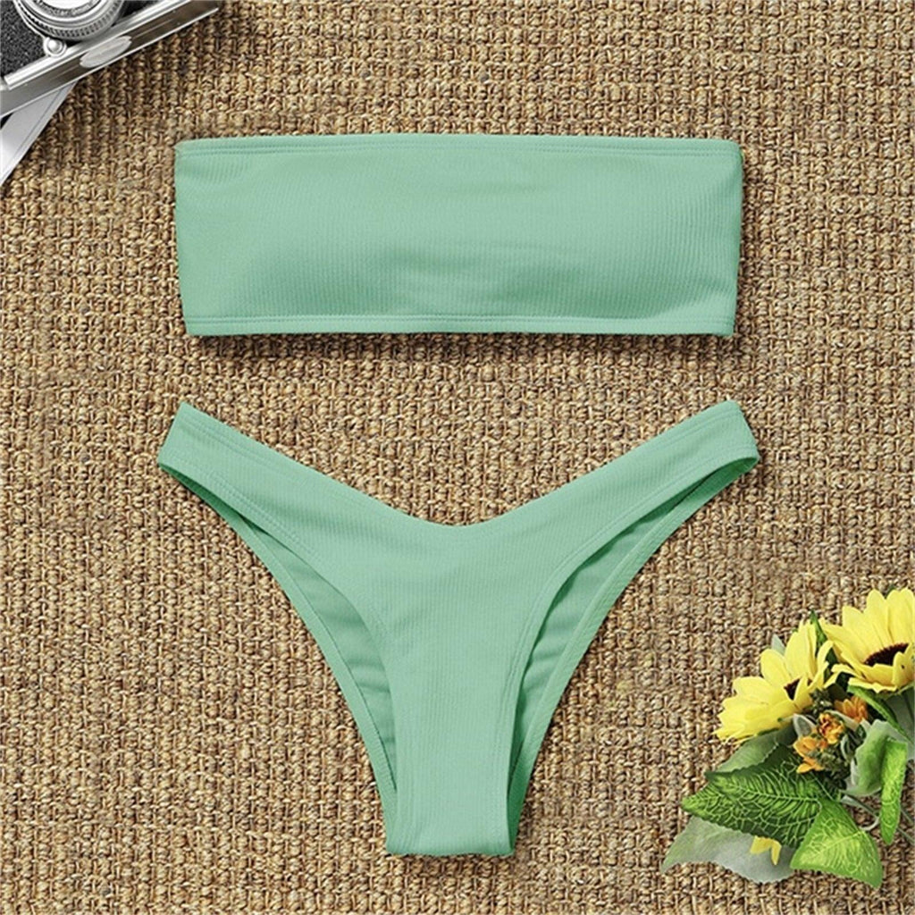 Maillot de bain deux pièces bikini pour femme Maillot de bain de plage Deux pièces sans bretelles rembourré coupe haute bandeau