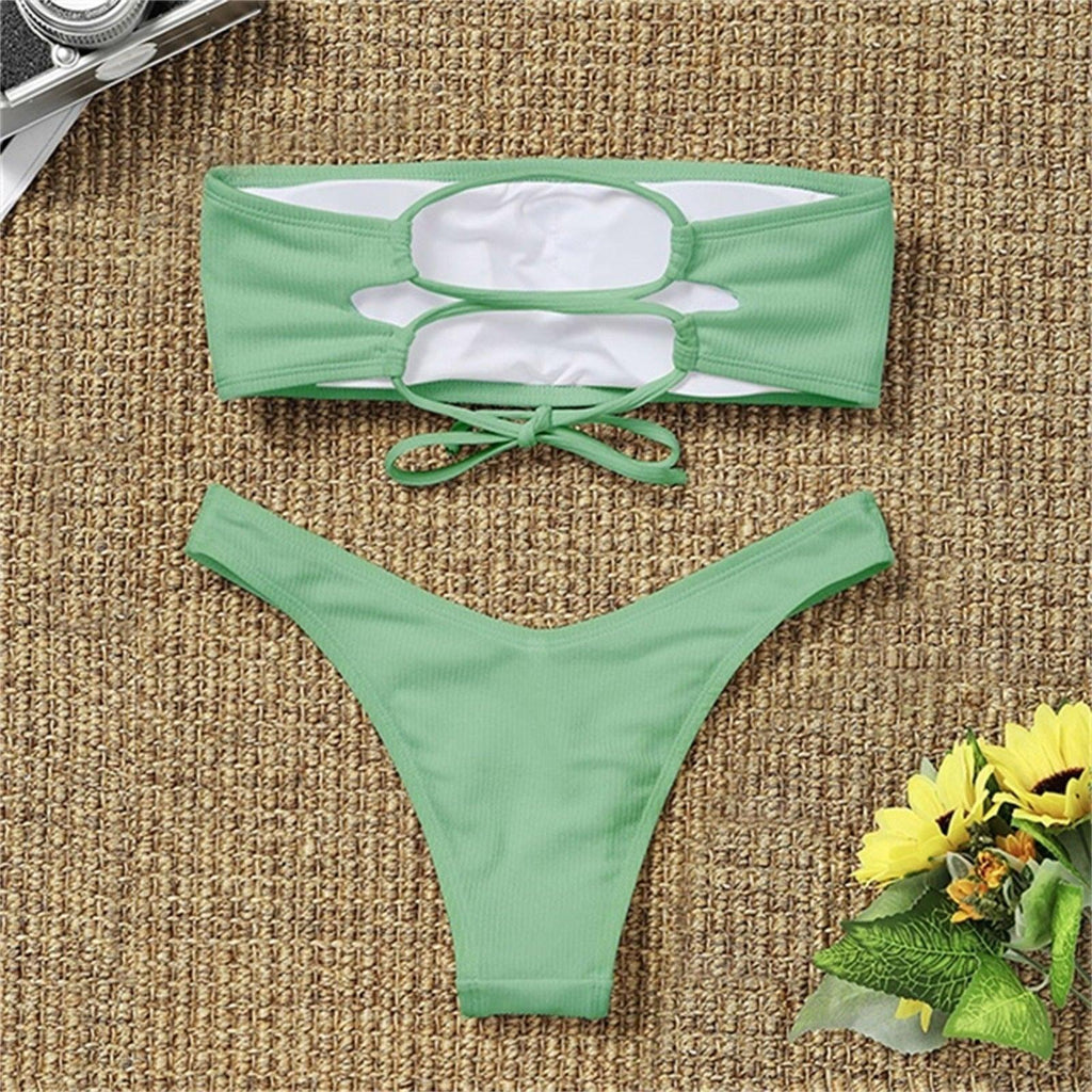 Maillot de bain deux pièces bikini pour femme Maillot de bain de plage Deux pièces sans bretelles rembourré coupe haute bandeau