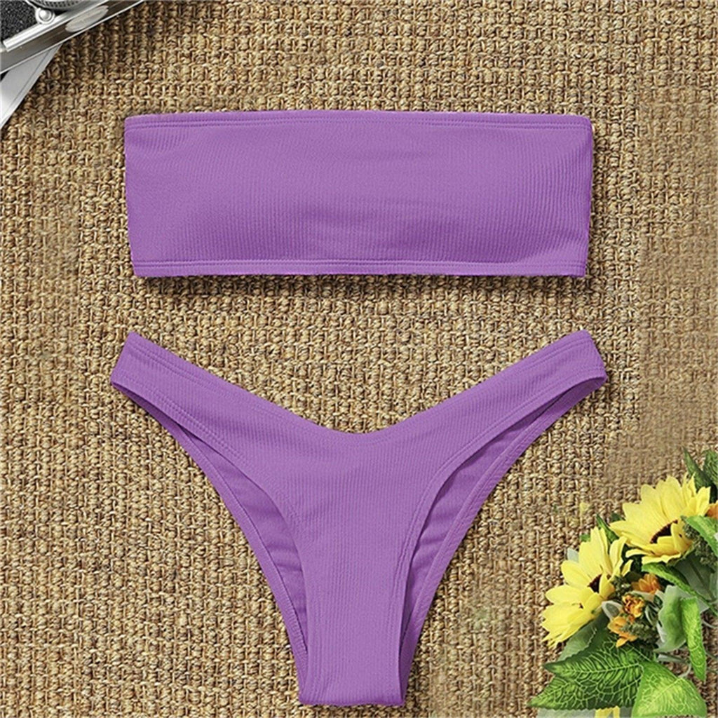Maillot de bain deux pièces bikini pour femme Maillot de bain de plage Deux pièces sans bretelles rembourré coupe haute bandeau