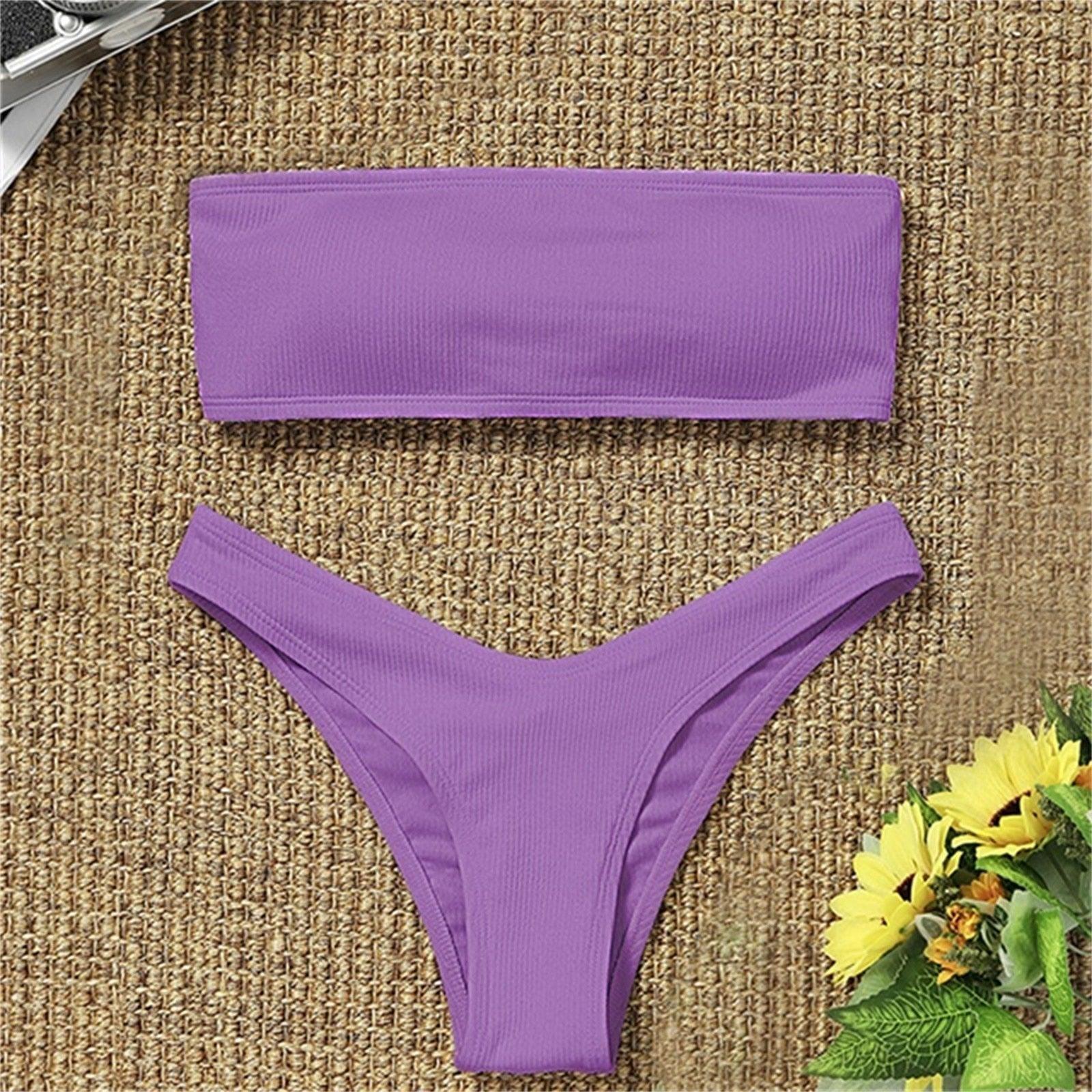 Maillot de bain deux pièces bikini pour femme Maillot de bain de plage Deux pièces sans bretelles rembourré coupe haute bandeau