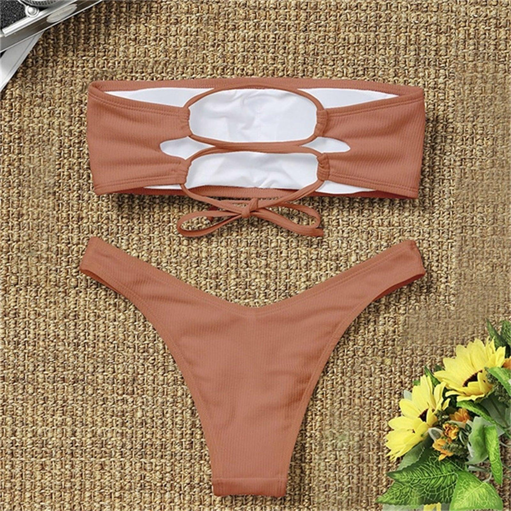 Maillot de bain deux pièces bikini pour femme Maillot de bain de plage Deux pièces sans bretelles rembourré coupe haute bandeau