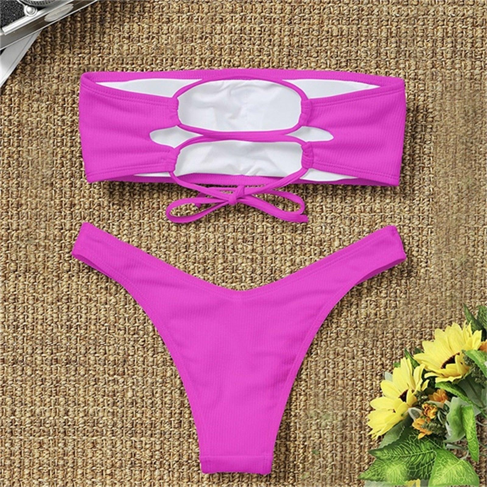 Maillot de bain deux pièces bikini pour femme Maillot de bain de plage Deux pièces sans bretelles rembourré coupe haute bandeau