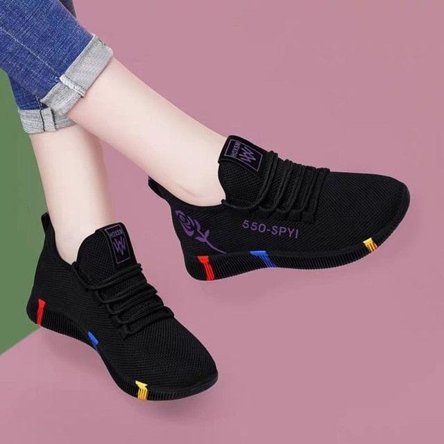 Chaussures de Course Décontractées à Plateforme Antidérapantes et Respirantes pour Femmes, Baskets Noires Légères en Maille, Chaussures de Marche Athlétiques à la Mode