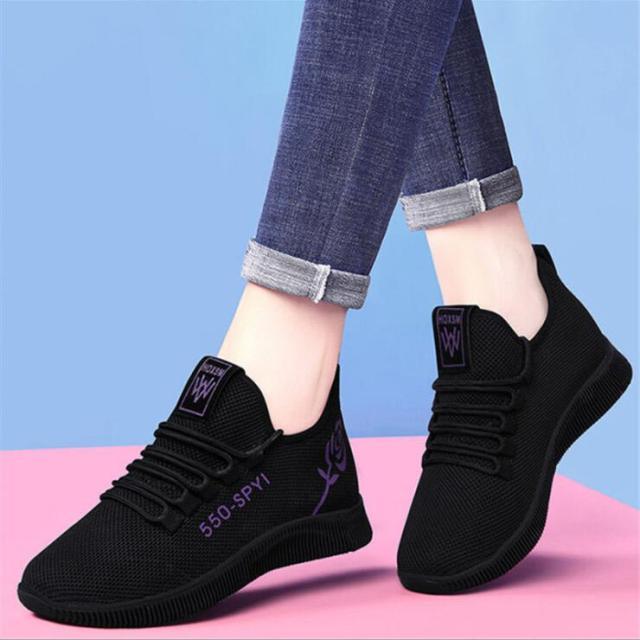 Chaussures de Course Décontractées à Plateforme Antidérapantes et Respirantes pour Femmes, Baskets Noires Légères en Maille, Chaussures de Marche Athlétiques à la Mode