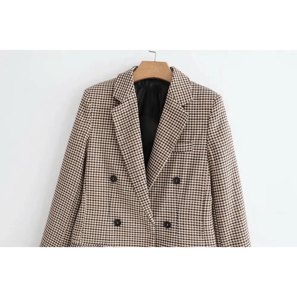 Manteau Blazer Croisé Carreaux Tendance Femme Bureau Vintage Manches Longues Poches Vêtement Extérieur Chic