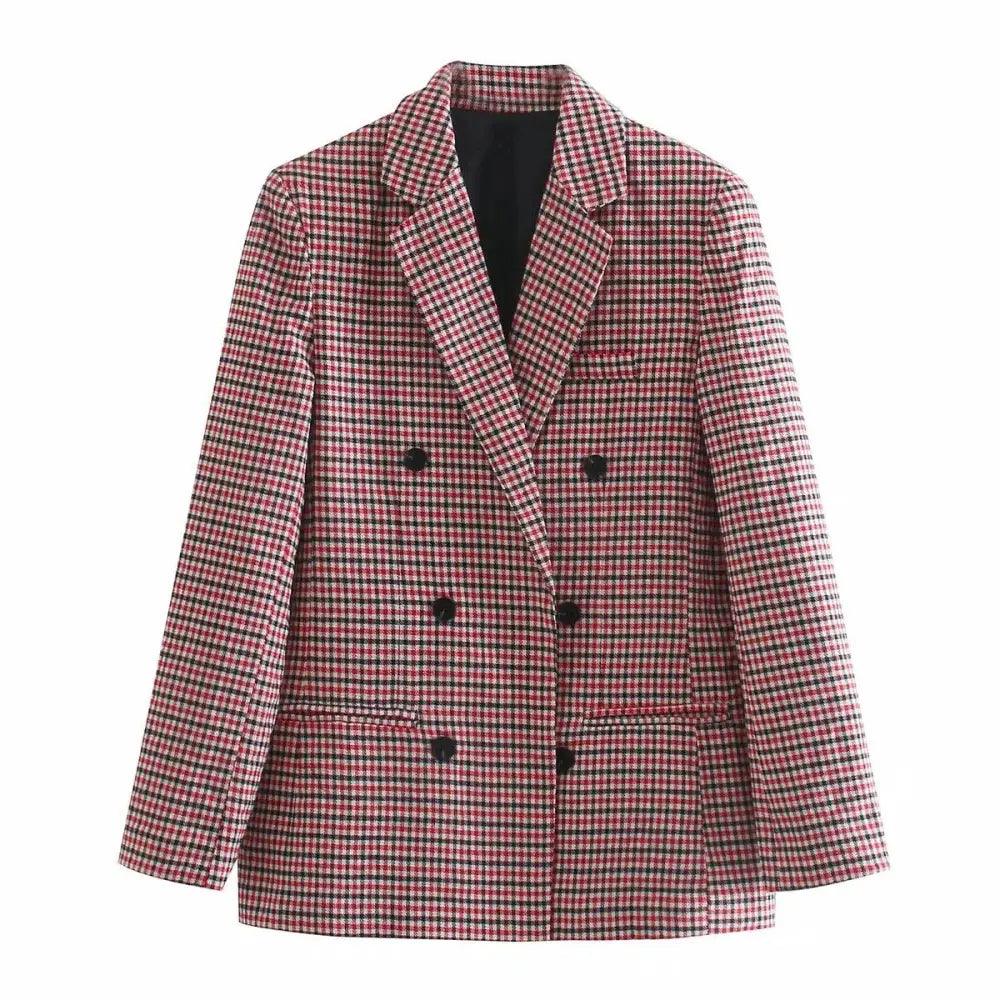 Manteau Blazer Croisé Carreaux Tendance Femme Bureau Vintage Manches Longues Poches Vêtement Extérieur Chic