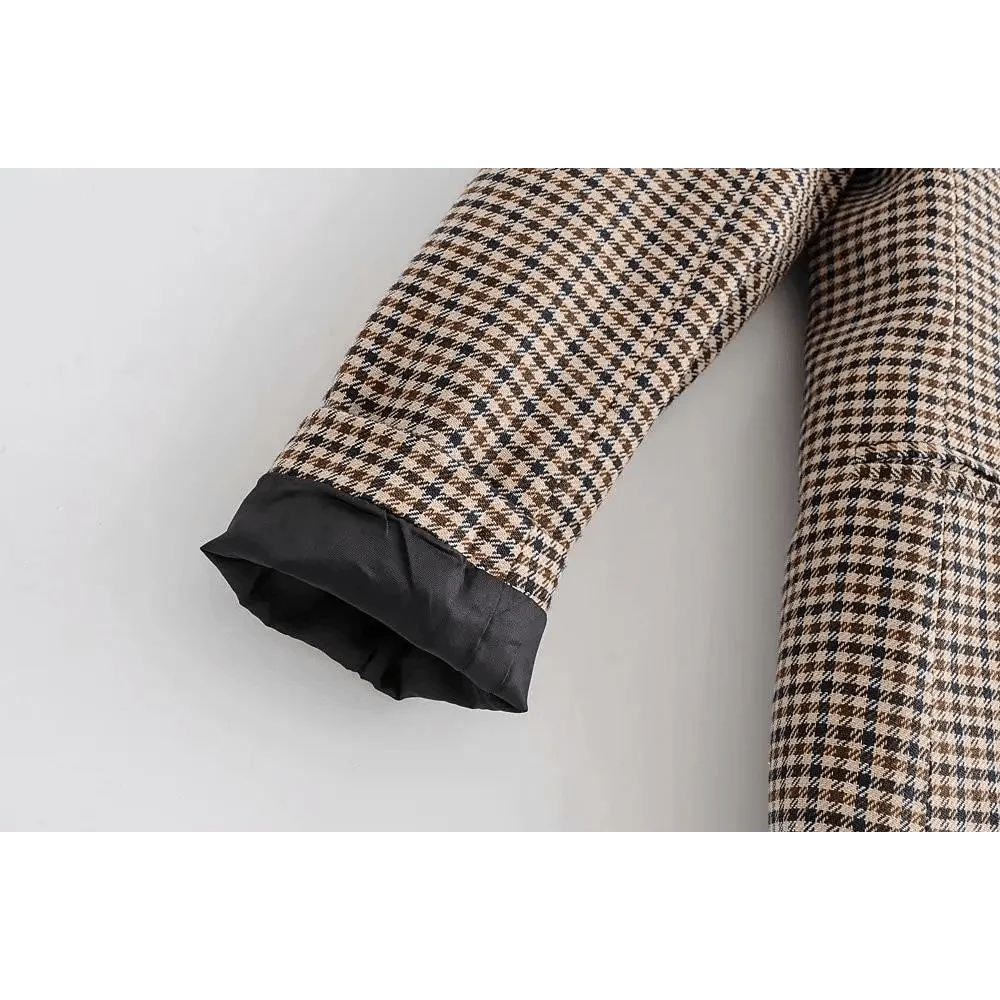 Manteau Blazer Croisé Carreaux Tendance Femme Bureau Vintage Manches Longues Poches Vêtement Extérieur Chic