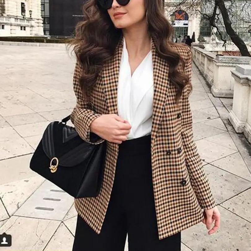 Manteau Blazer Croisé Carreaux Tendance Femme Bureau Vintage Manches Longues Poches Vêtement Extérieur Chic
