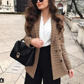 Manteau Blazer Croisé Carreaux Tendance Femme Bureau Vintage Manches Longues Poches Vêtement Extérieur Chic