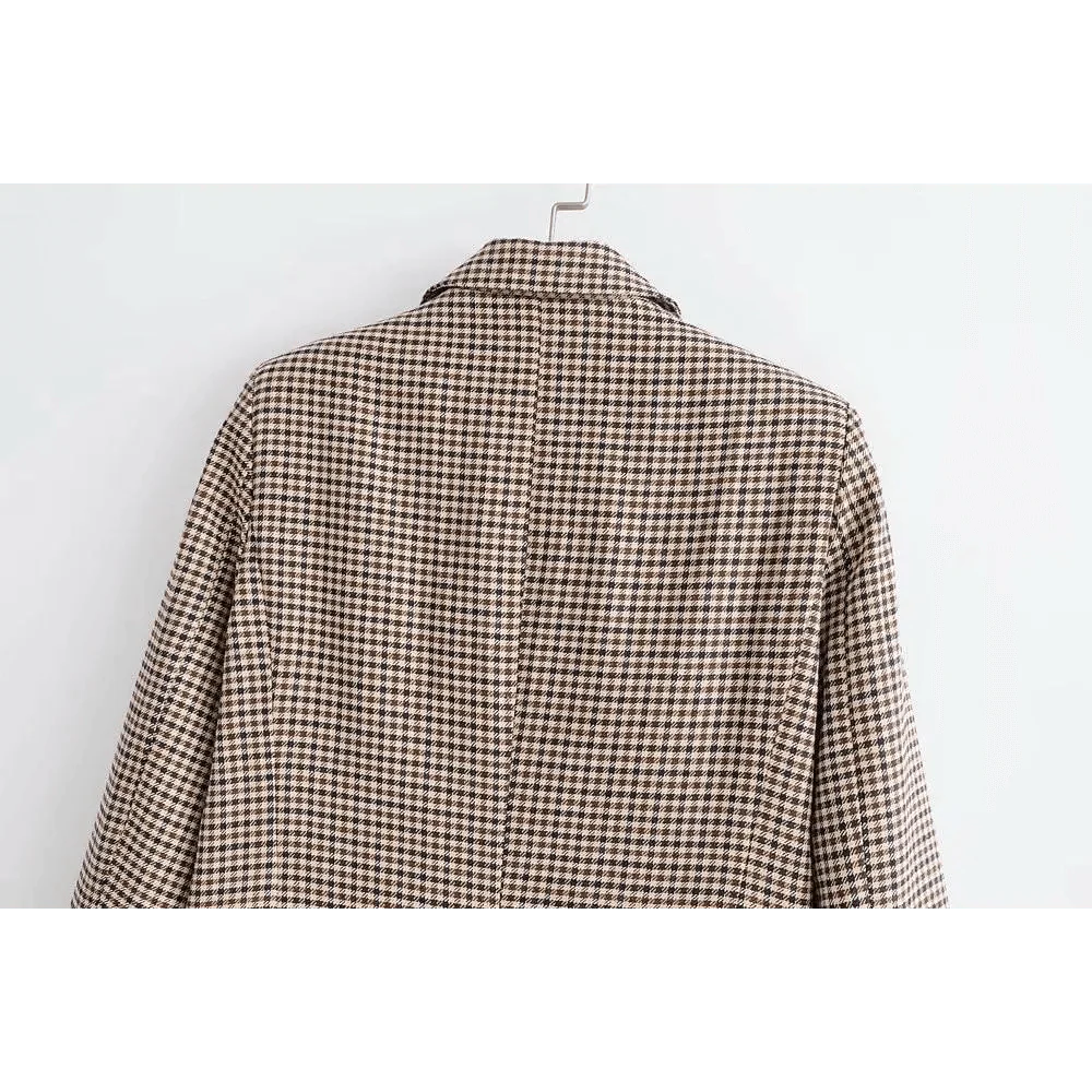Manteau Blazer Croisé Carreaux Tendance Femme Bureau Vintage Manches Longues Poches Vêtement Extérieur Chic