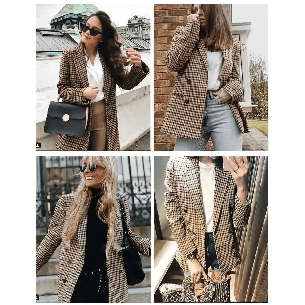 Manteau Blazer Croisé Carreaux Tendance Femme Bureau Vintage Manches Longues Poches Vêtement Extérieur Chic