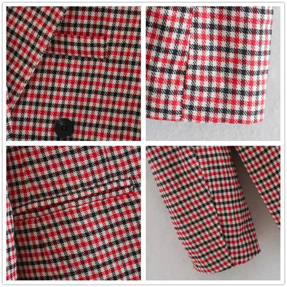 Manteau Blazer Croisé Carreaux Tendance Femme Bureau Vintage Manches Longues Poches Vêtement Extérieur Chic