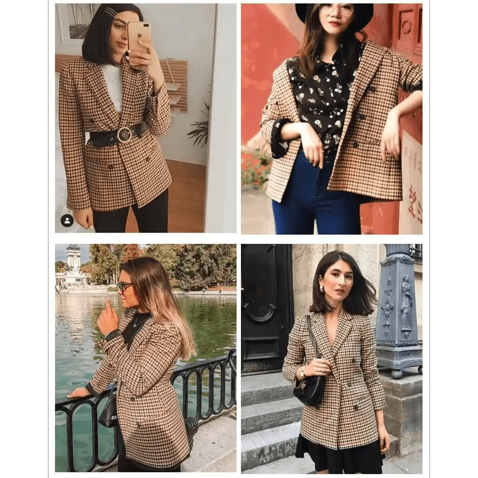 Manteau Blazer Croisé Carreaux Tendance Femme Bureau Vintage Manches Longues Poches Vêtement Extérieur Chic