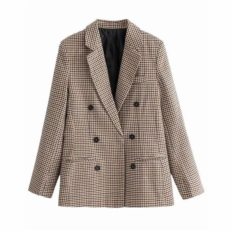 Manteau Blazer Croisé Carreaux Tendance Femme Bureau Vintage Manches Longues Poches Vêtement Extérieur Chic