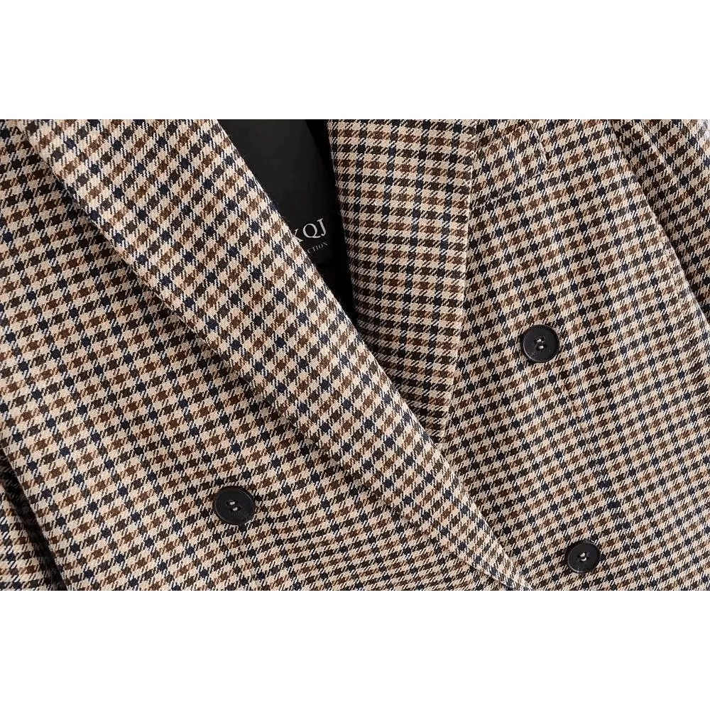 Manteau Blazer Croisé Carreaux Tendance Femme Bureau Vintage Manches Longues Poches Vêtement Extérieur Chic