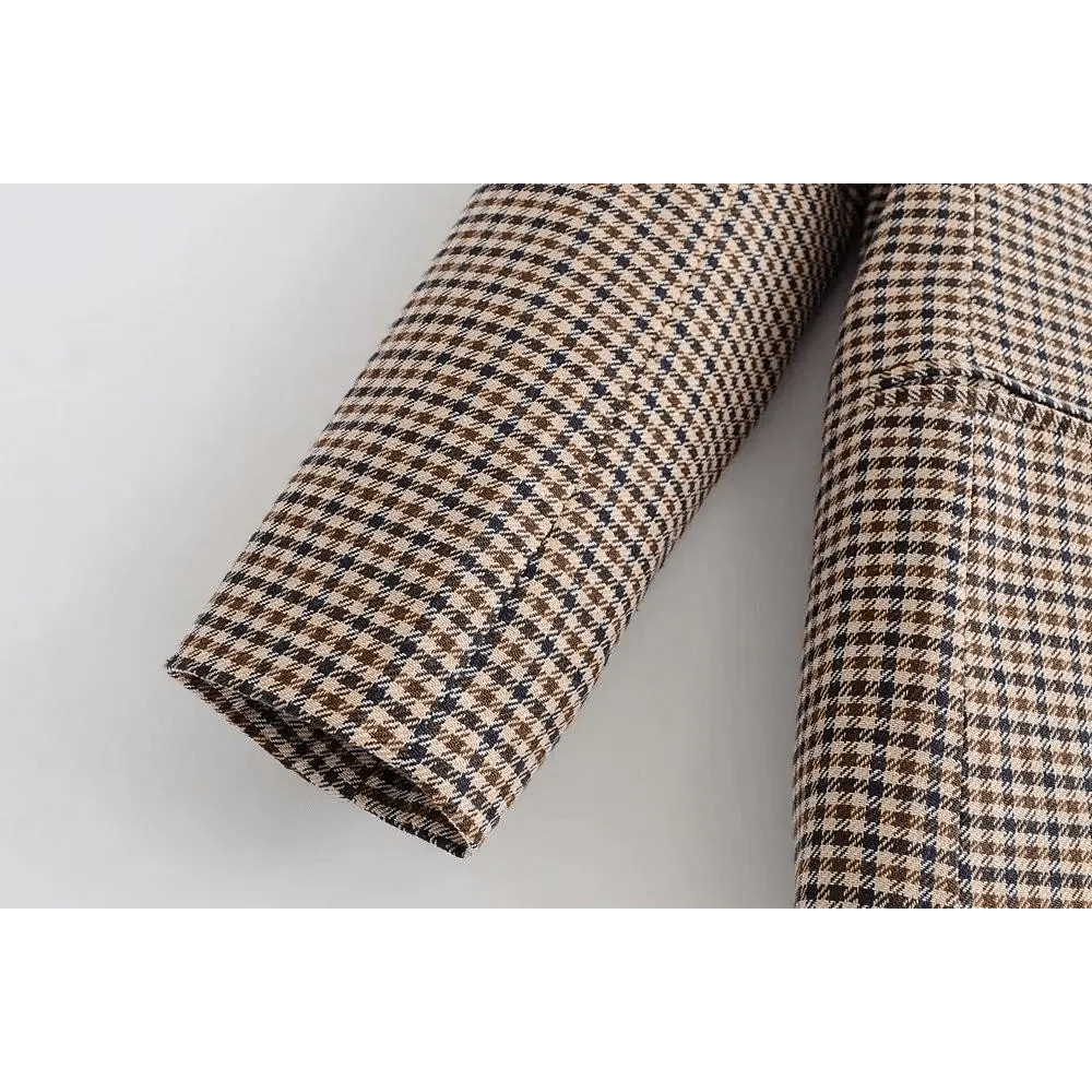 Manteau Blazer Croisé Carreaux Tendance Femme Bureau Vintage Manches Longues Poches Vêtement Extérieur Chic