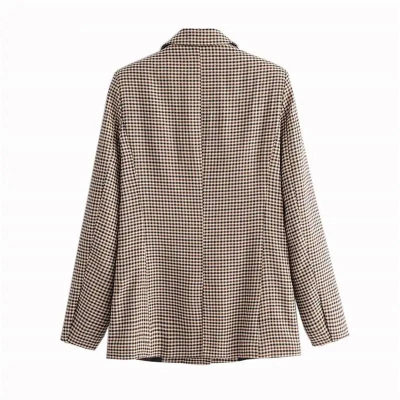 Manteau Blazer Croisé Carreaux Tendance Femme Bureau Vintage Manches Longues Poches Vêtement Extérieur Chic