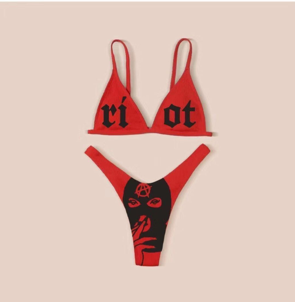 Maillots de bain drôles imprimés 2 pièces pour femmes Maillot de bain triangle festonné imprimé deux pièces pour femmes avec bas décolleté en V profond, coussinets de poitrine détachables, hauts à bretelles et bas triangulaires