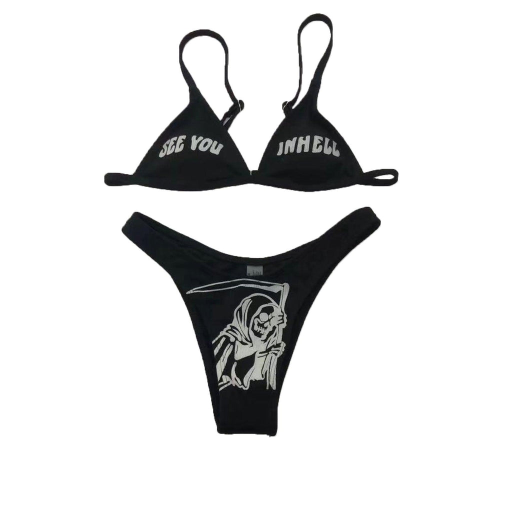 Maillots de bain drôles imprimés 2 pièces pour femmes Maillot de bain triangle festonné imprimé deux pièces pour femmes avec bas décolleté en V profond, coussinets de poitrine détachables, hauts à bretelles et bas triangulaires