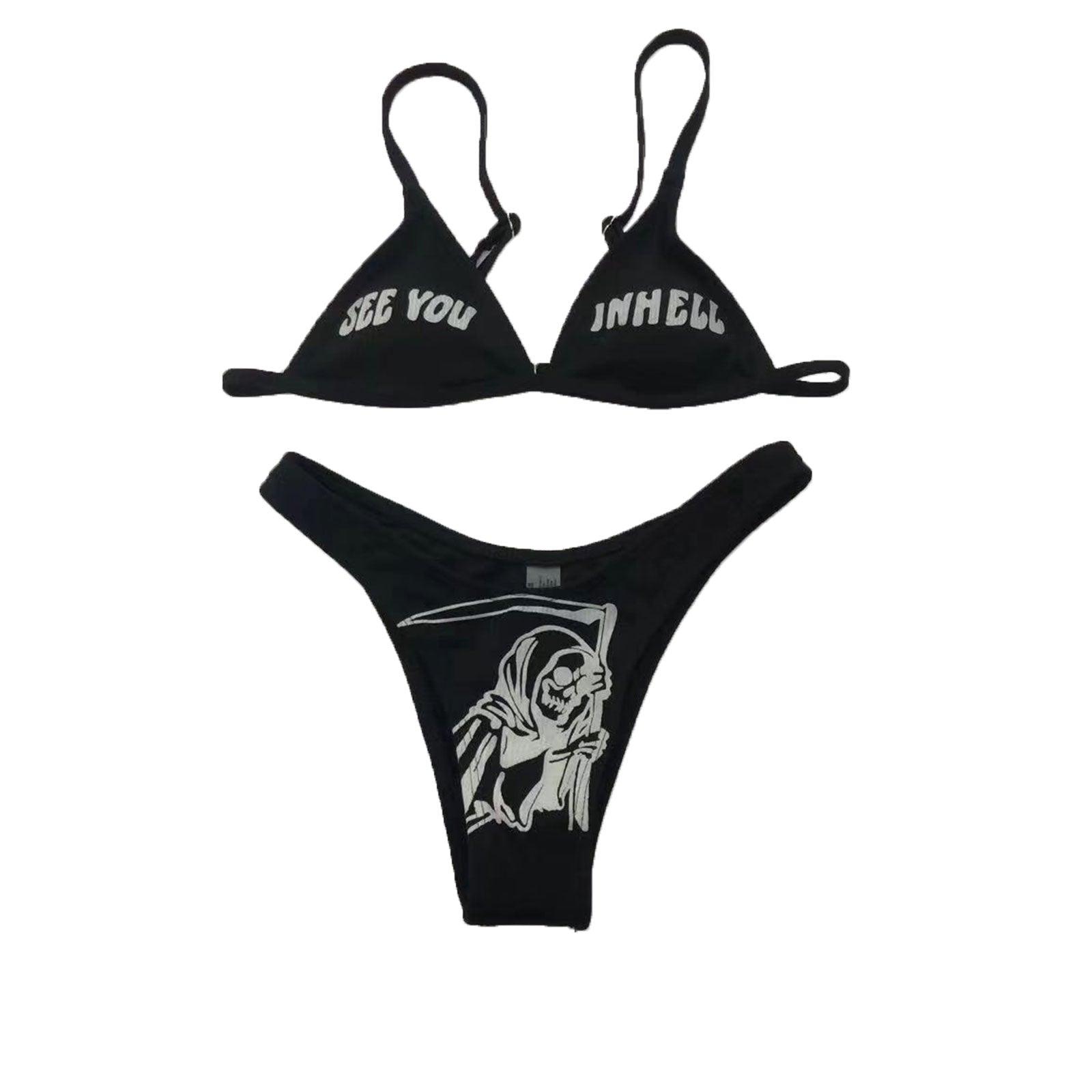 Maillots de bain drôles imprimés 2 pièces pour femmes Maillot de bain triangle festonné imprimé deux pièces pour femmes avec bas décolleté en V profond, coussinets de poitrine détachables, hauts à bretelles et bas triangulaires
