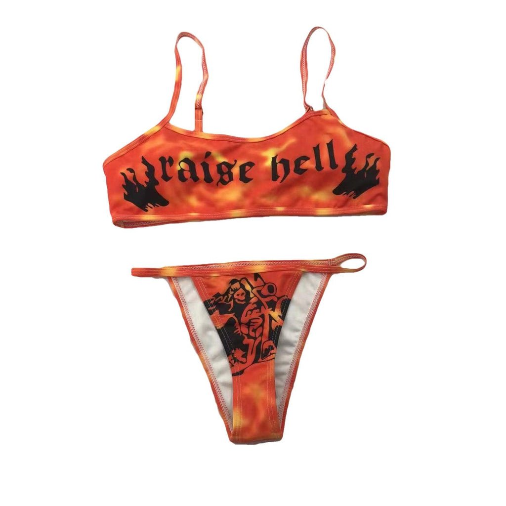 Maillots de bain drôles imprimés 2 pièces pour femmes Maillot de bain triangle festonné imprimé deux pièces pour femmes avec bas décolleté en V profond, coussinets de poitrine détachables, hauts à bretelles et bas triangulaires