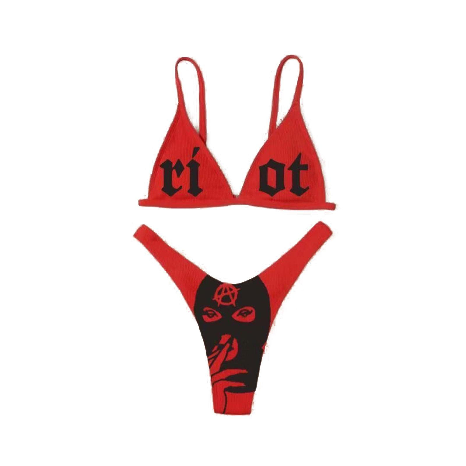 Maillots de bain drôles imprimés 2 pièces pour femmes Maillot de bain triangle festonné imprimé deux pièces pour femmes avec bas décolleté en V profond, coussinets de poitrine détachables, hauts à bretelles et bas triangulaires