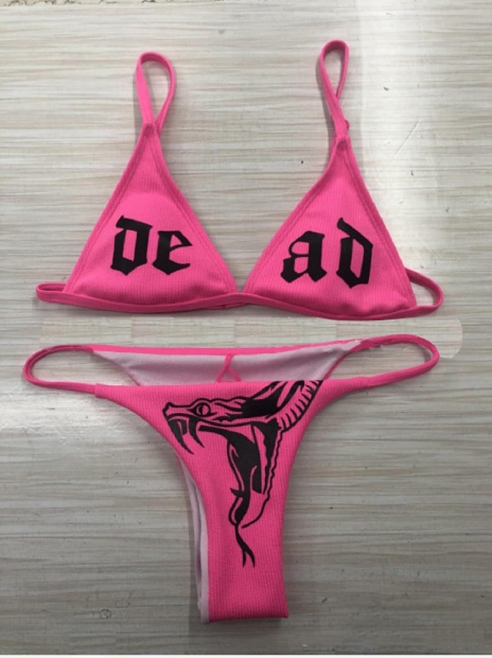 Maillots de bain drôles imprimés 2 pièces pour femmes Maillot de bain triangle festonné imprimé deux pièces pour femmes avec bas décolleté en V profond, coussinets de poitrine détachables, hauts à bretelles et bas triangulaires