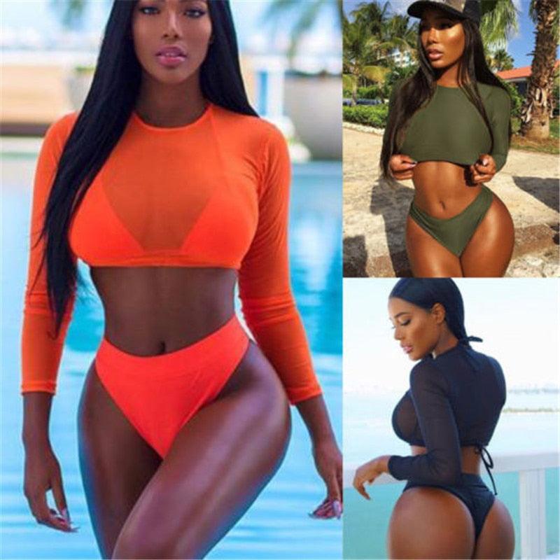 Ensemble de bikini pour femme, maillot de bain taille haute femme, maillot de bain 3 pièces à manches longues, maillot de bain triangle trois pièces, maillot de bain push-up avec bandage, maillot de bain de plage