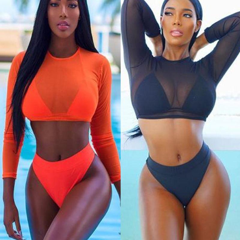 Ensemble de bikini pour femme, maillot de bain taille haute femme, maillot de bain 3 pièces à manches longues, maillot de bain triangle trois pièces, maillot de bain push-up avec bandage, maillot de bain de plage