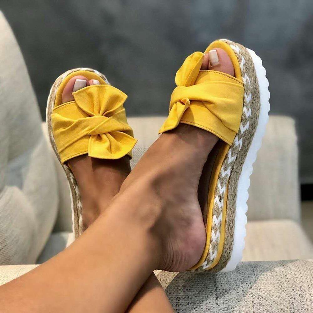 Sandales compensées pour femmes, avec nœud, pour l'été, sandales d'intérieur et d'extérieur, tongs, chaussures de plage, sandales de plage modernes et confortables à talon haut avec nœud et plateforme.