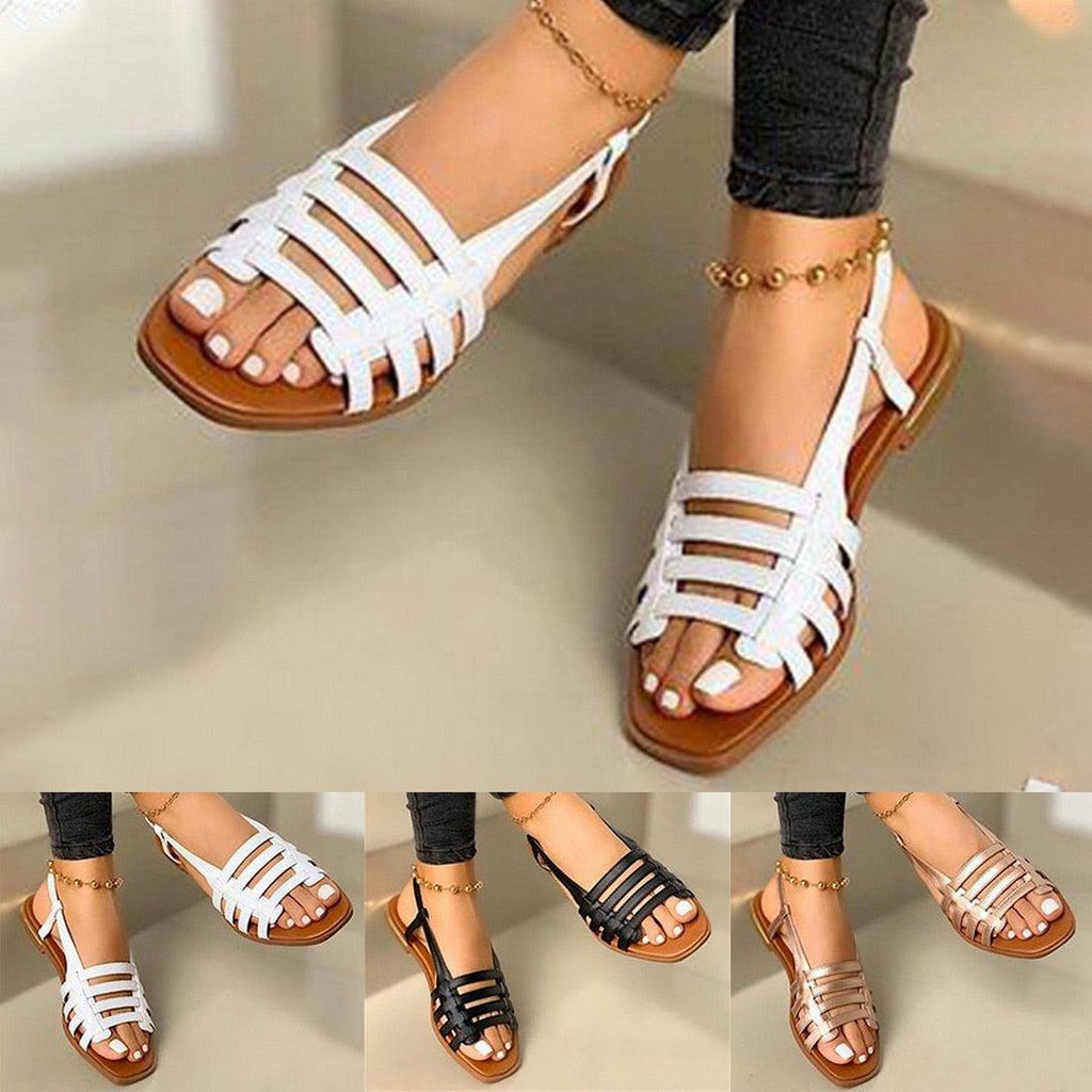 Sandales pour femmes d'été creuses Chaussures plates de plage à bout ouvert Chaussures plates pour dames Sandales plates à lanières Sandale décontractée réglable avec bride arrière à bout ouvert Sandales élégantes