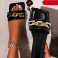Pantoufles et sandales pour femmes avec chaîne dorée, bout fermé, talons plats, bout carré, chaussures décontractées à enfiler, tongs à talons épais, mules, bout ouvert, à enfiler, dos nu, talons hauts, sandales et pantoufles