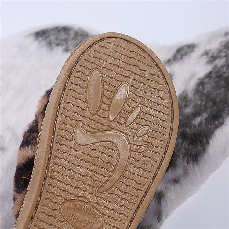 Chaussons d'hiver pour femmes, pantoufles d'intérieur en fausse fourrure, pantoufles à imprimé léopard avec nœud décoratif, pantoufles chaudes en fausse fourrure, pantoufles d'intérieur à bout ouvert pour filles