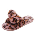 Chaussons d'hiver pour femmes, pantoufles d'intérieur en fausse fourrure, pantoufles à imprimé léopard avec nœud décoratif, pantoufles chaudes en fausse fourrure, pantoufles d'intérieur à bout ouvert pour filles