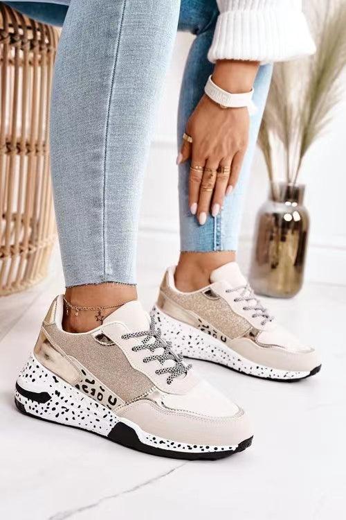 Baskets femmes imprimé léopard à lacets chaussures vulcanisées femme baskets de sport respirantes rehaussant la taille pour la marche, le jogging Baskets de sport dorées et argentées pour femmes