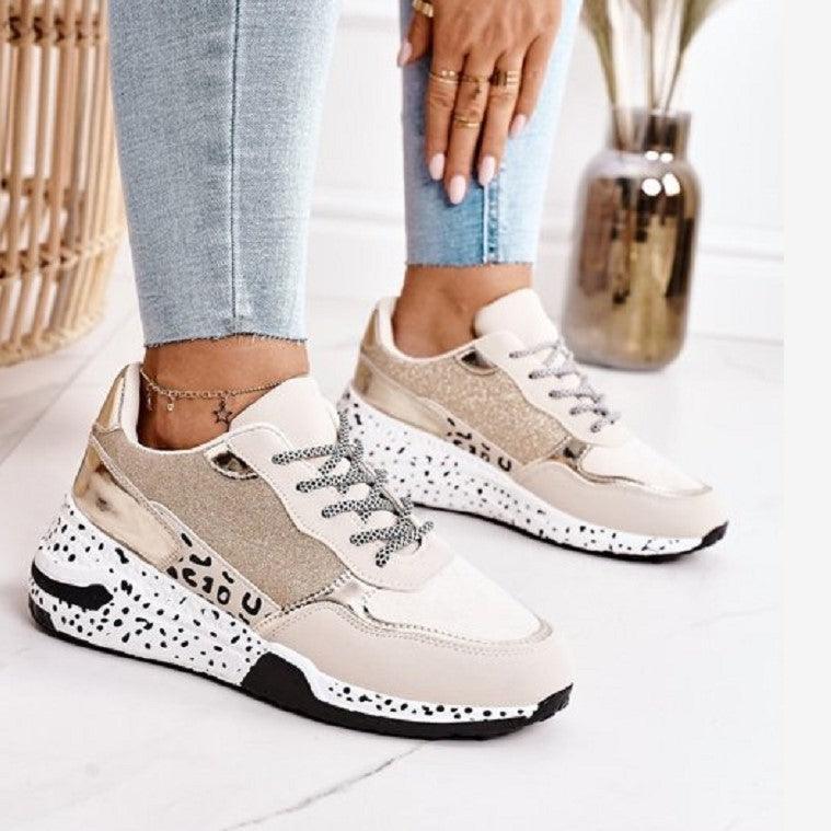 Baskets femmes imprimé léopard à lacets chaussures vulcanisées femme baskets de sport respirantes rehaussant la taille pour la marche, le jogging Baskets de sport dorées et argentées pour femmes