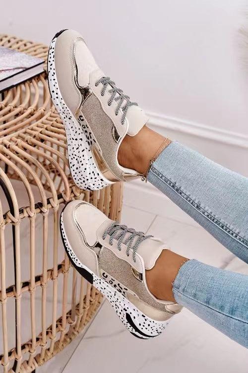 Baskets femmes imprimé léopard à lacets chaussures vulcanisées femme baskets de sport respirantes rehaussant la taille pour la marche, le jogging Baskets de sport dorées et argentées pour femmes