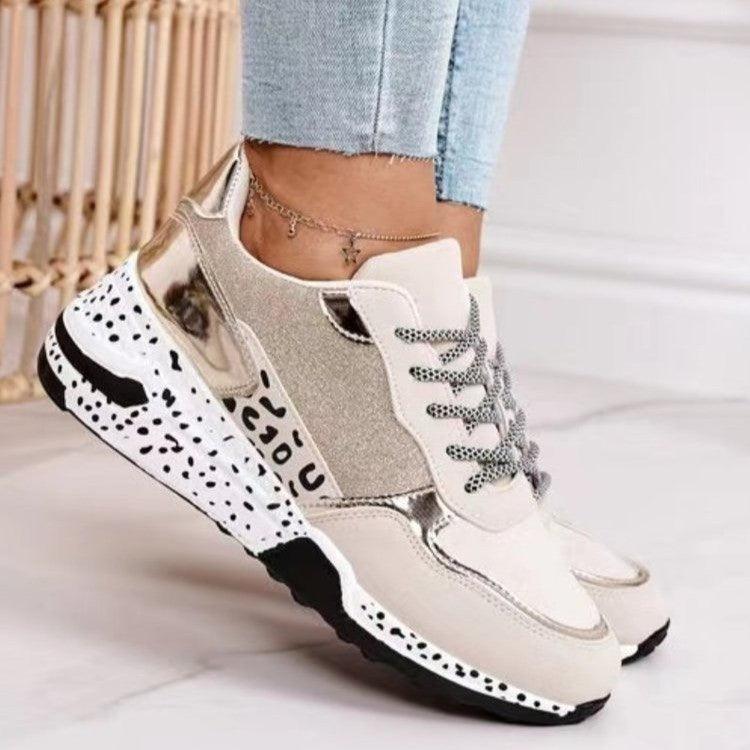Baskets femmes imprimé léopard à lacets chaussures vulcanisées femme baskets de sport respirantes rehaussant la taille pour la marche, le jogging Baskets de sport dorées et argentées pour femmes