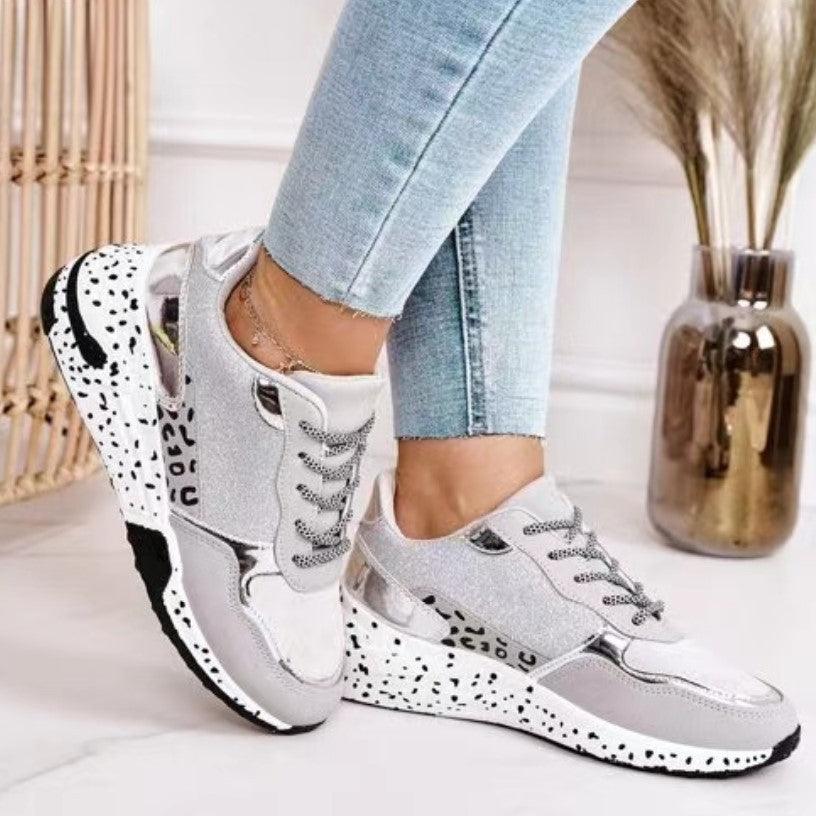 Baskets femmes imprimé léopard à lacets chaussures vulcanisées femme baskets de sport respirantes rehaussant la taille pour la marche, le jogging Baskets de sport dorées et argentées pour femmes