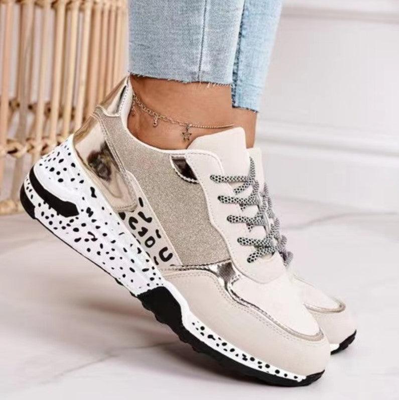 Baskets femmes imprimé léopard à lacets chaussures vulcanisées femme baskets de sport respirantes rehaussant la taille pour la marche, le jogging Baskets de sport dorées et argentées pour femmes