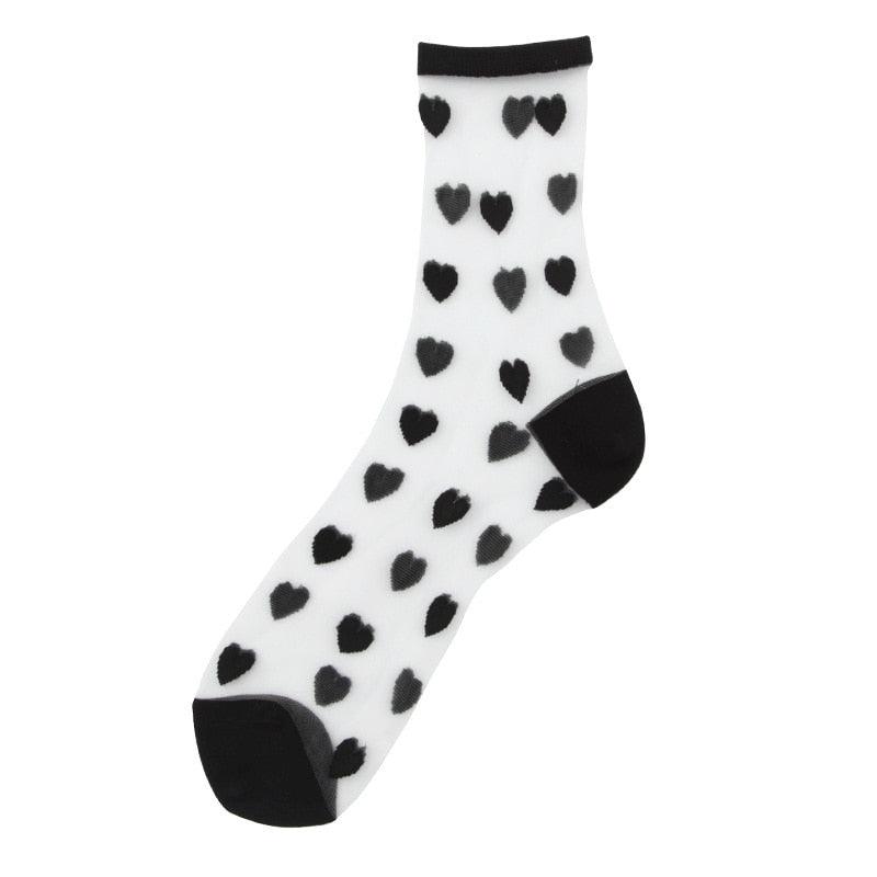 Chaussettes pour femmes Nouvelle mode longues transparentes avec motif de cœur mignon, chaussettes fines pour femme, été décontractées, chaussettes amusantes et élégantes à la cheville pour femmes