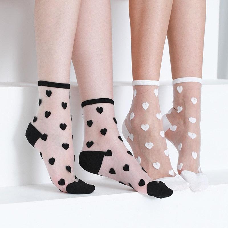 Chaussettes pour femmes Nouvelle mode longues transparentes avec motif de cœur mignon, chaussettes fines pour femme, été décontractées, chaussettes amusantes et élégantes à la cheville pour femmes