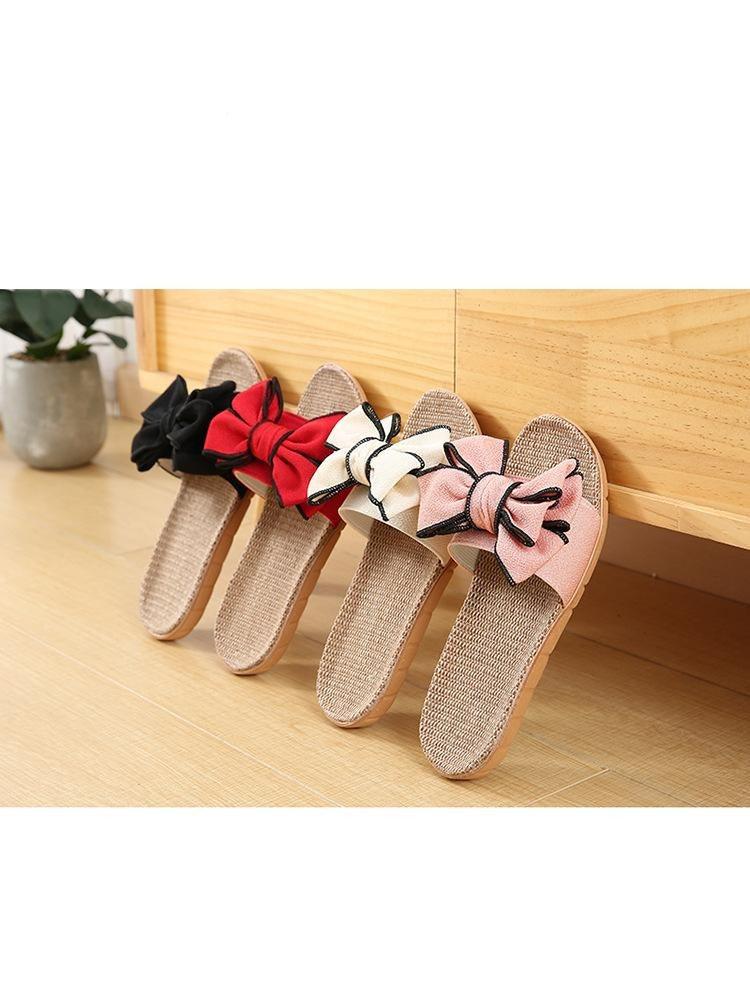 Pantoufles décontractées d'été pour femmes, sandales confortables en lin avec nœud à rayures, tongs de plate-forme, pantoufles d'intérieur d'été, pantoufles en lin pour femmes, pantoufles à fleurs