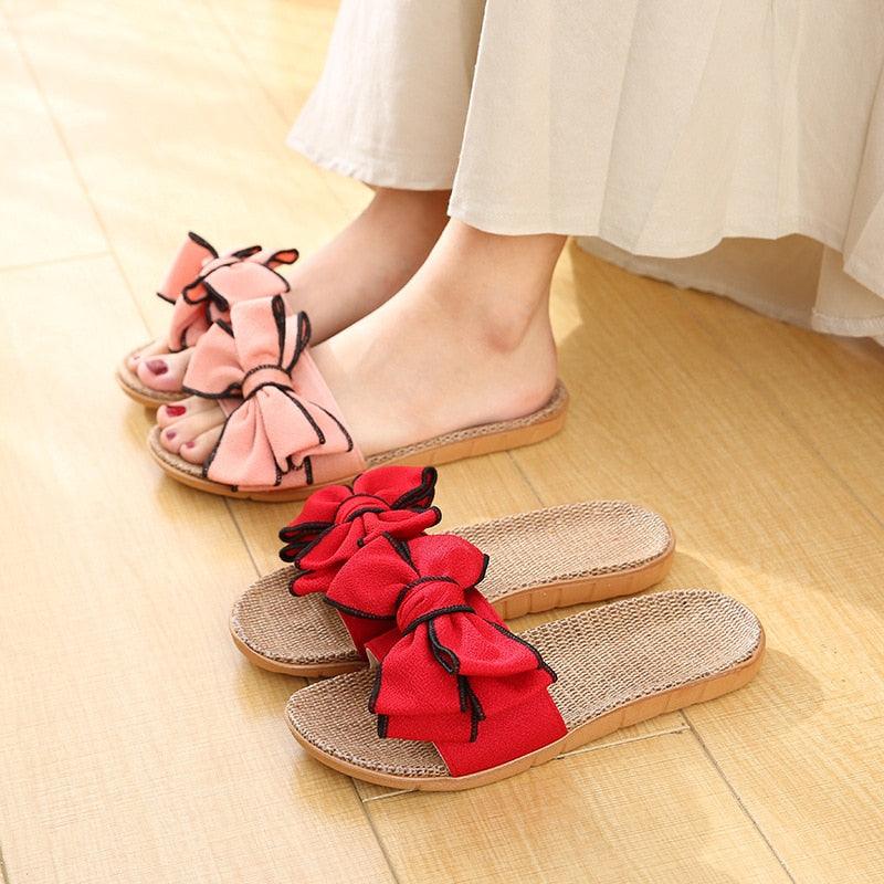 Pantoufles décontractées d'été pour femmes, sandales confortables en lin avec nœud à rayures, tongs de plate-forme, pantoufles d'intérieur d'été, pantoufles en lin pour femmes, pantoufles à fleurs