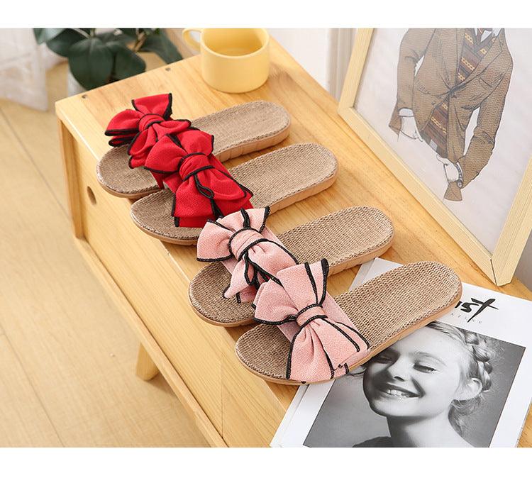 Pantoufles décontractées d'été pour femmes, sandales confortables en lin avec nœud à rayures, tongs de plate-forme, pantoufles d'intérieur d'été, pantoufles en lin pour femmes, pantoufles à fleurs