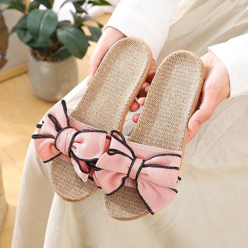 Pantoufles décontractées d'été pour femmes, sandales confortables en lin avec nœud à rayures, tongs de plate-forme, pantoufles d'intérieur d'été, pantoufles en lin pour femmes, pantoufles à fleurs