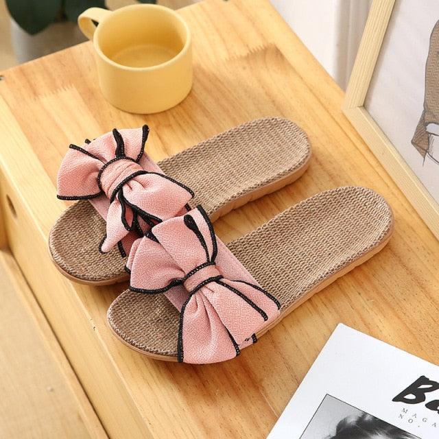 Pantoufles décontractées d'été pour femmes, sandales confortables en lin avec nœud à rayures, tongs de plate-forme, pantoufles d'intérieur d'été, pantoufles en lin pour femmes, pantoufles à fleurs